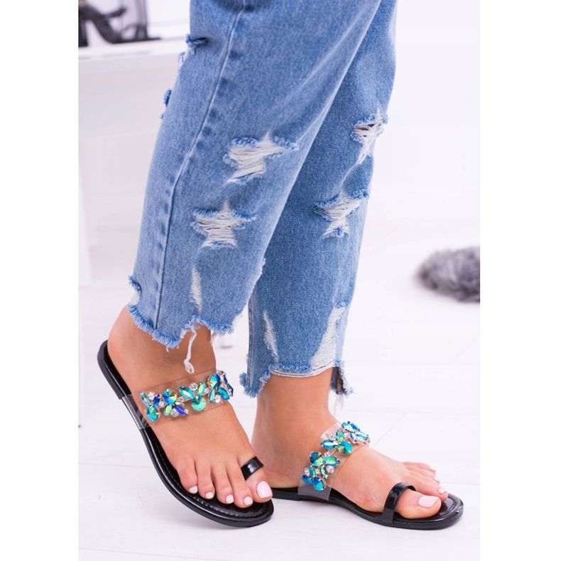 Lu Boo Eleganckie Czarne Klapki Cekiny Tanut 2