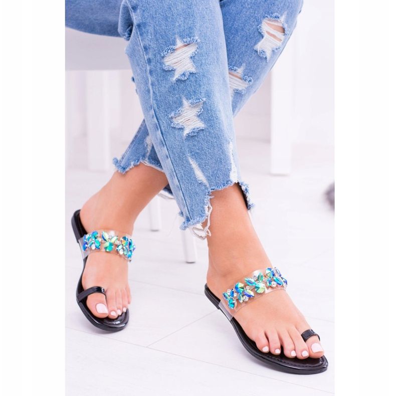 Lu Boo Eleganckie Czarne Klapki Cekiny Tanut 1