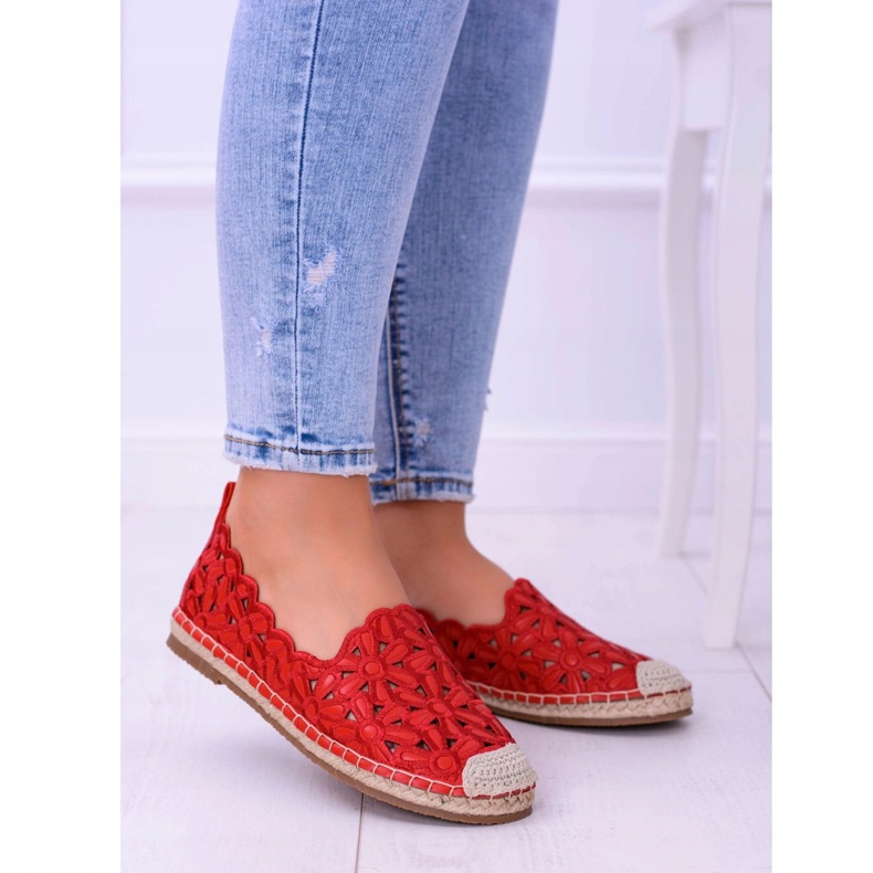 Lu Boo Damskie Baleriny Czerwone Espadryle w Kwiaty Macarena 2