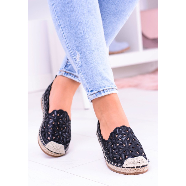 Lu Boo Damskie Baleriny Czarne Espadryle w Kwiaty Macarena 1