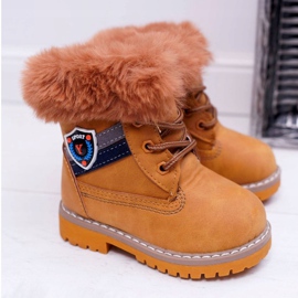 Dziecięce Chłopięce Botki Ocieplane Futerkiem Trapery Camel Cobi brązowe 2