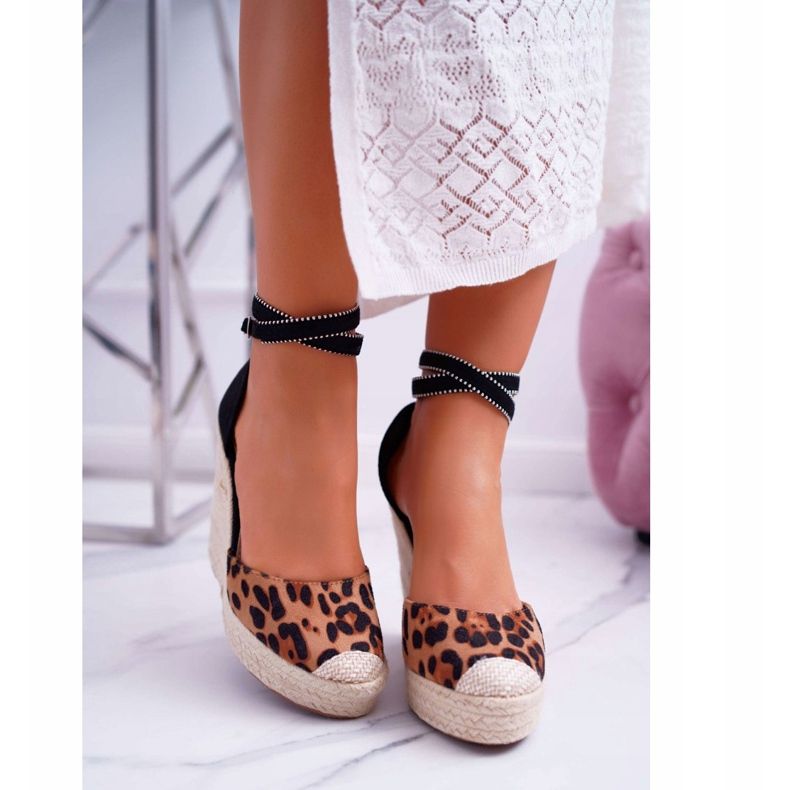 FB2 Sandały Damskie Na Koturnie Lniane Leopard Canterola brązowe czarne 2
