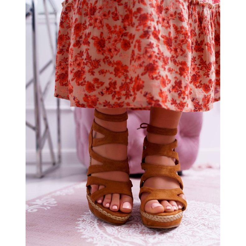 FRERY Sandały Damskie Na Koturnie Sznurek Camel Liluena brązowe 2