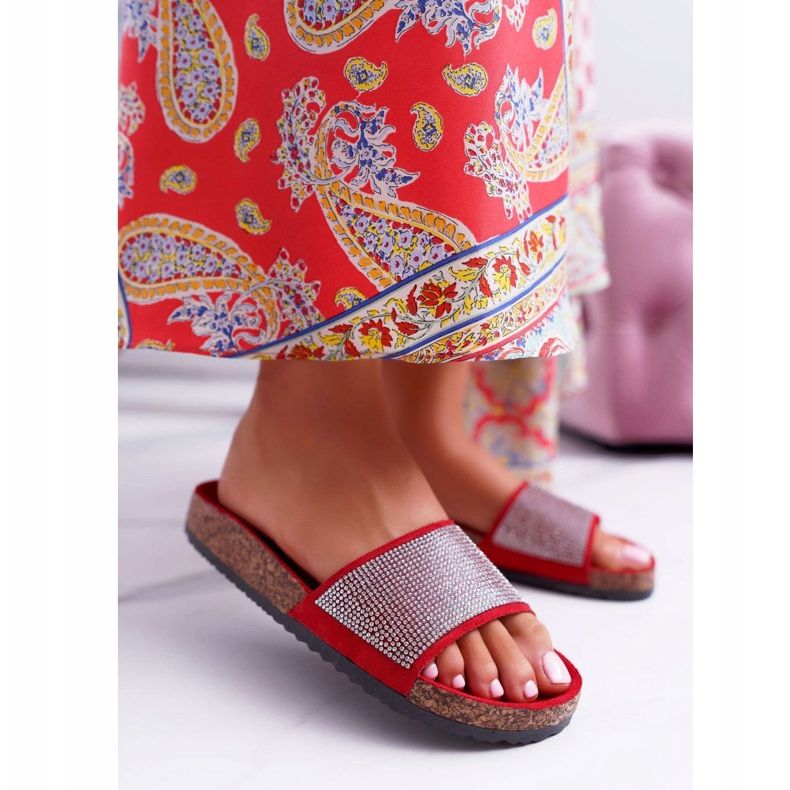 PS1 Damskie Klapki Na Korku Z Kryształkami czerwone 1