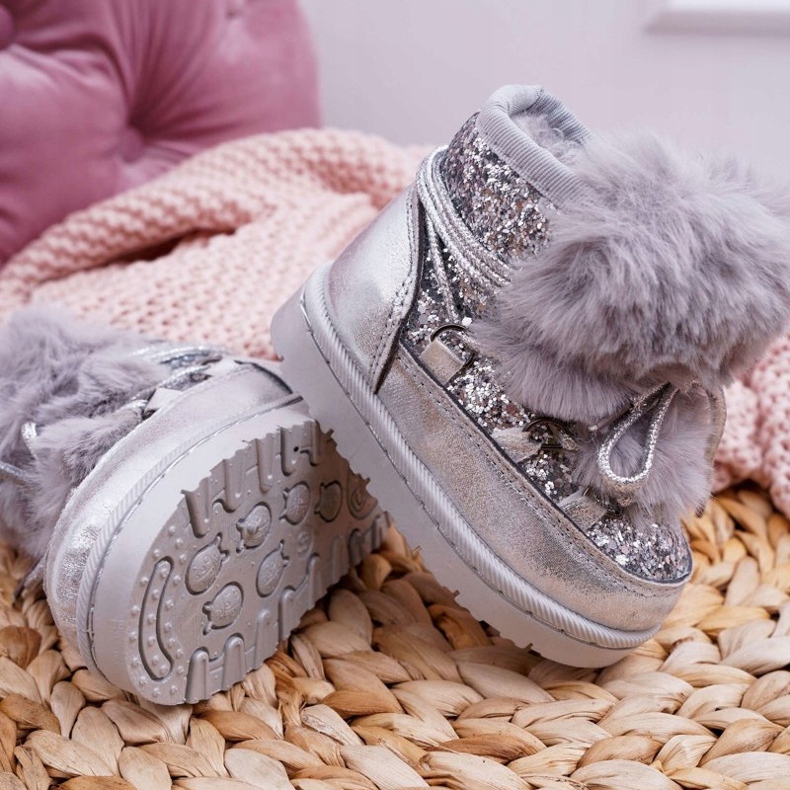 FRROCK Dziecięce Botki Śniegowce Z Futerkiem Srebrne Minnie Mouse szare 1