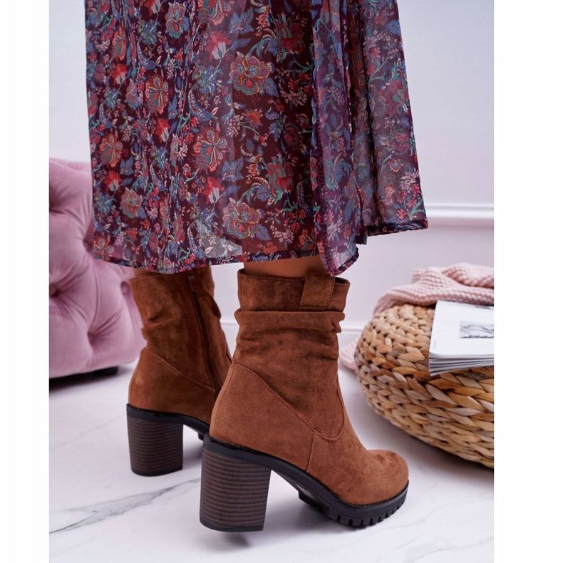 FB2 Botki Damskie Na Słupku Zamsz Camel Celma brązowe 2