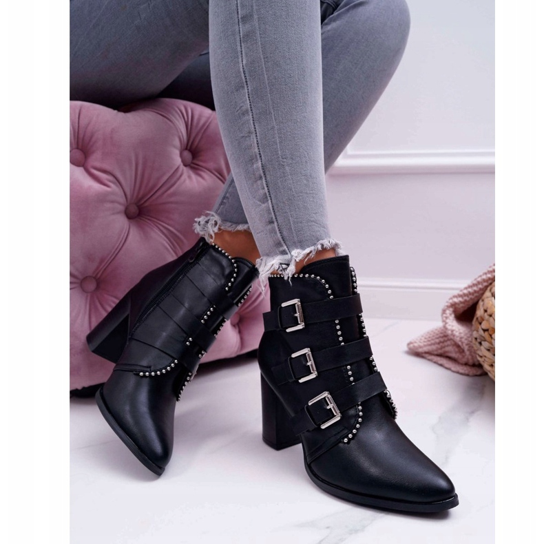 FJ1 Botki Damskie Na Słupku Klamry Czarne Finbas 2