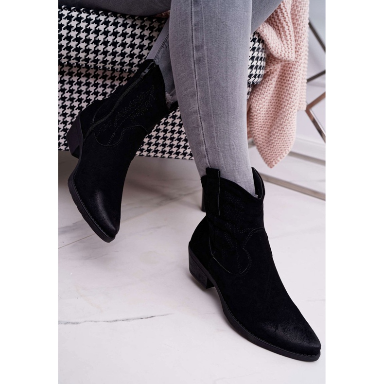 BUGO Damskie Botki Kowbojki Zamszowe Czarne Ferders 2