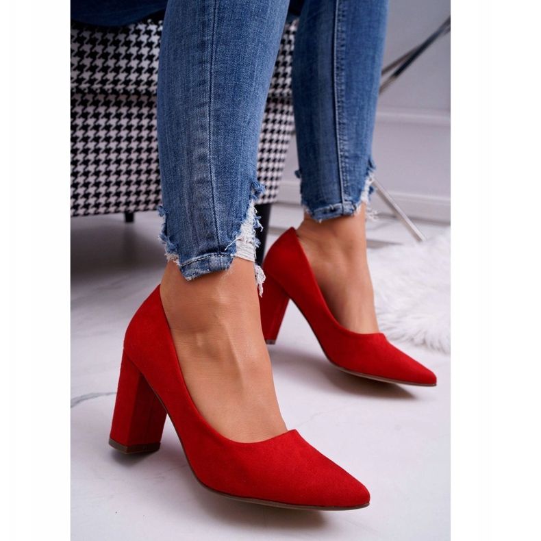 Czółenka Damskie Na Słupku Zamszowe Czerwone 1