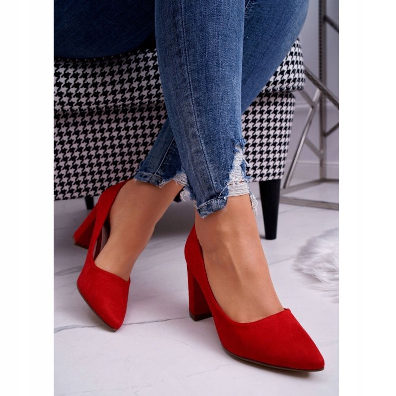 Czółenka Damskie Na Słupku Zamszowe Czerwone 2