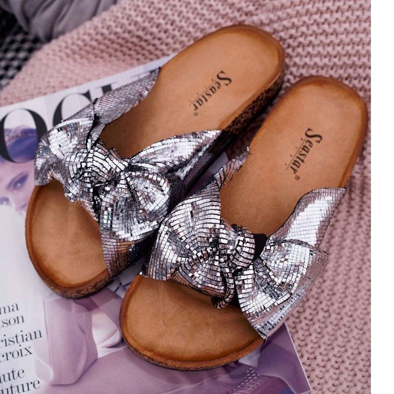 PS1 Klapki Damskie z Kokardą Srebrne Metalics szare 1