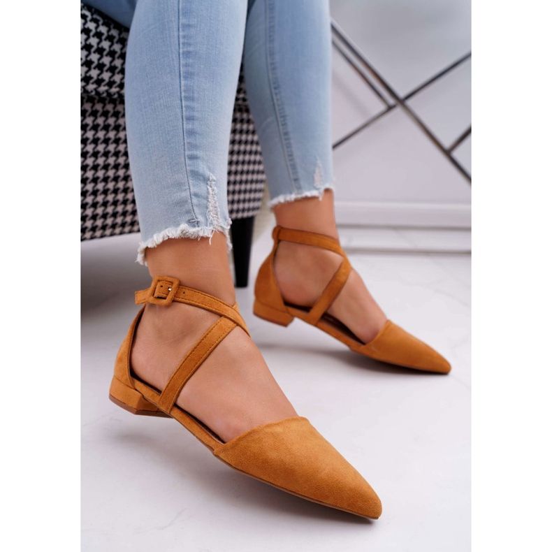 PS1 Damskie Balerinki Zamszowe w Szpic Camel Vontare brązowe 1