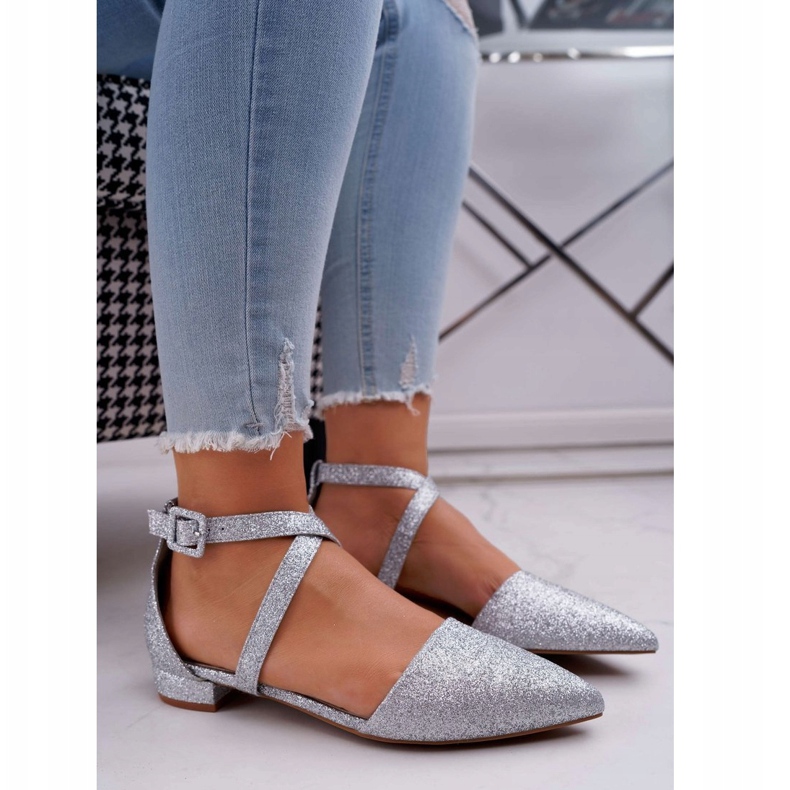 PS1 Damskie Balerinki Brokatowe w Szpic Srebrne Vontare szare 1