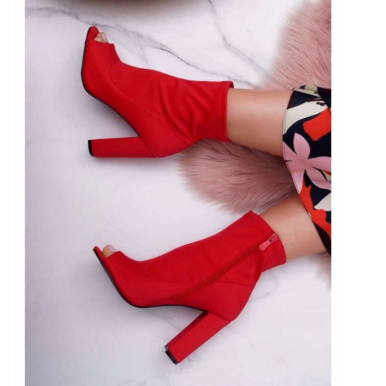 PS1 Damskie Botki Na Słupku Lycra Odkryte Palce Czerwone First 2