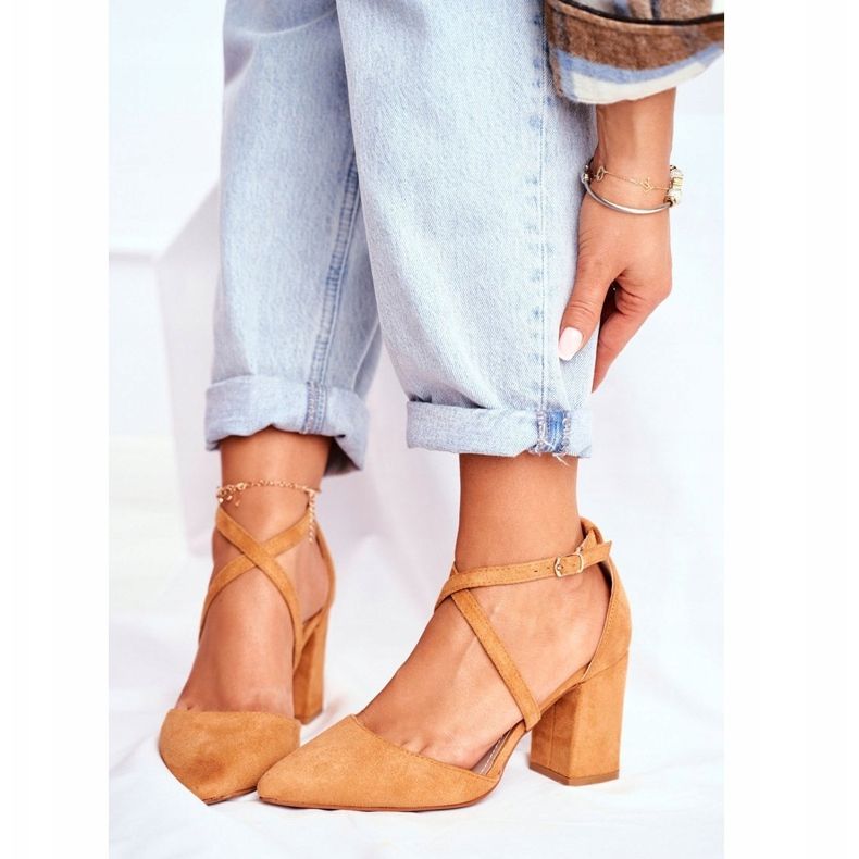 PS1 Czółenka Damskie Na Słupku W Szpic Camel Traffic brązowe 1