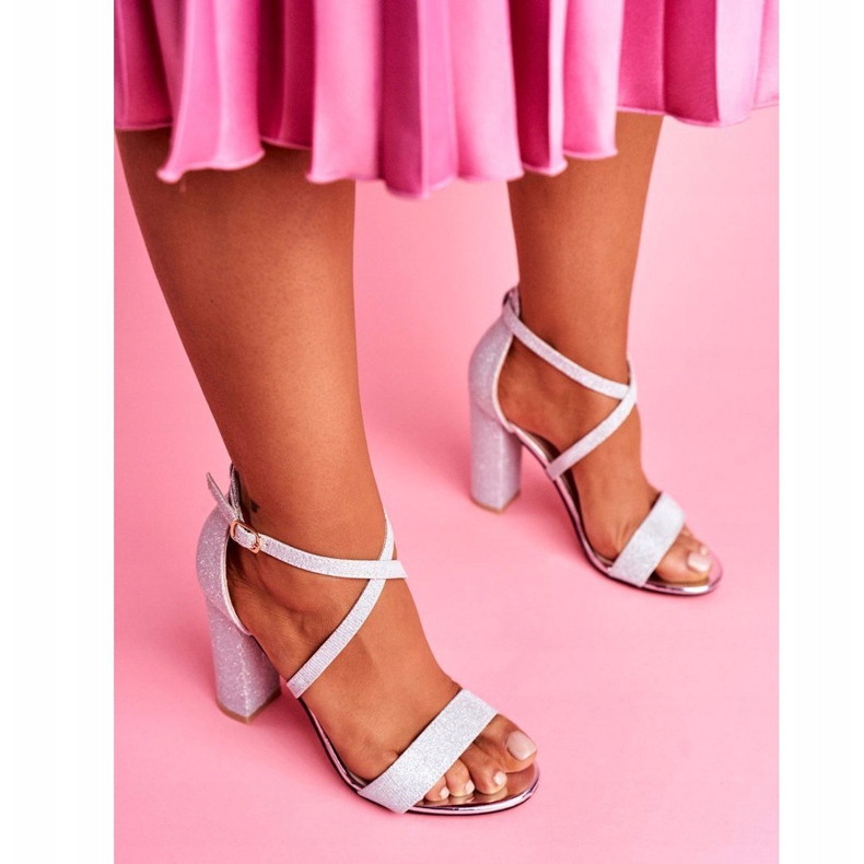 PS1 Sandały Damskie Na Słupku Brokatowe Srebrne Vivi szare 1