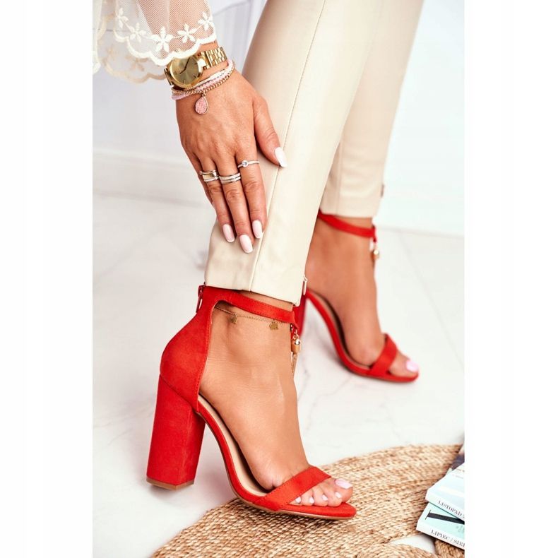 FW1 Pomarańczowe Zamszowe Sandałki na Słupku z Frędzlem Annick 2