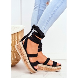 HAN Sandały Damskie Na Platformie Wiązane Czarne La Favorite 1