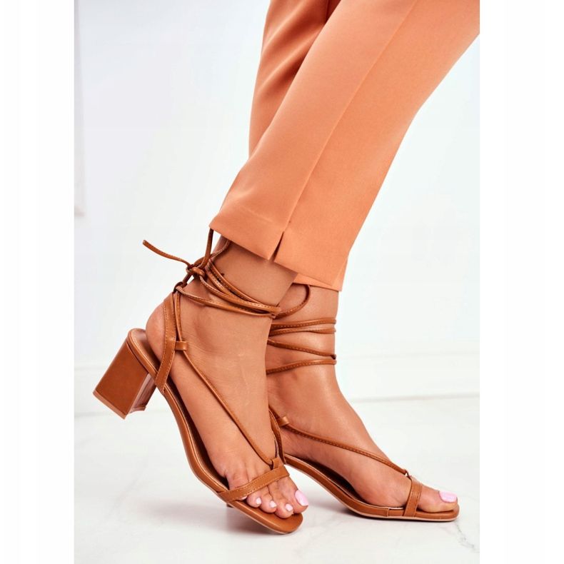 FS1 Sandały Damskie Na Słupku Wiązane Camel Morning brązowe 2