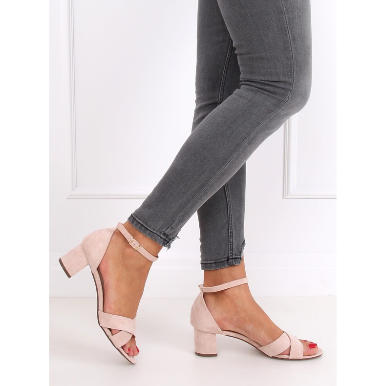 Sandałki na obcasie beżowo-różowe F189P Beige brązowe 2