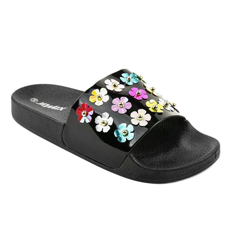 Czarne klapki z kwiatkami D7659-1 1