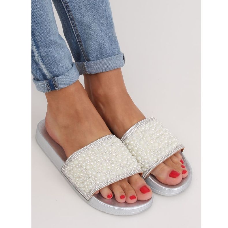 Klapki z perełkami srebrne BG63 Silver szare 1