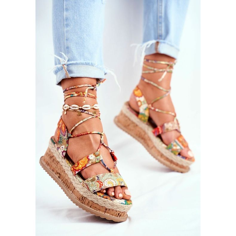 FRBS Damskie Sandały Na Korkowej Platformie Wiązane Pomarańczowe My Way wielokolorowe 1
