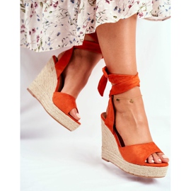 PS1 Sandały Damskie Na Koturnie Wiązane Pomarańczowe Belleza 2