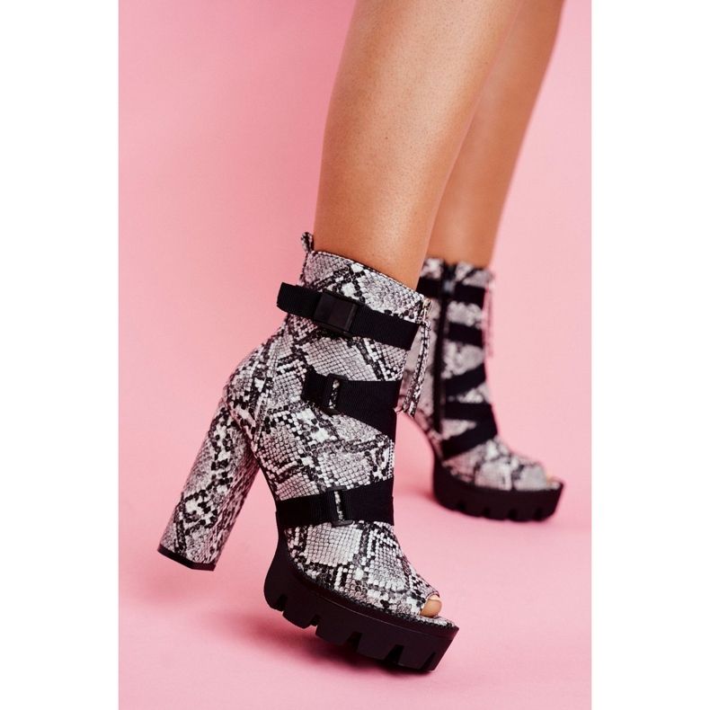 PS1 Damskie Botki Na Słupku Open Toe Skóra Węża Gladios czarne szare 1