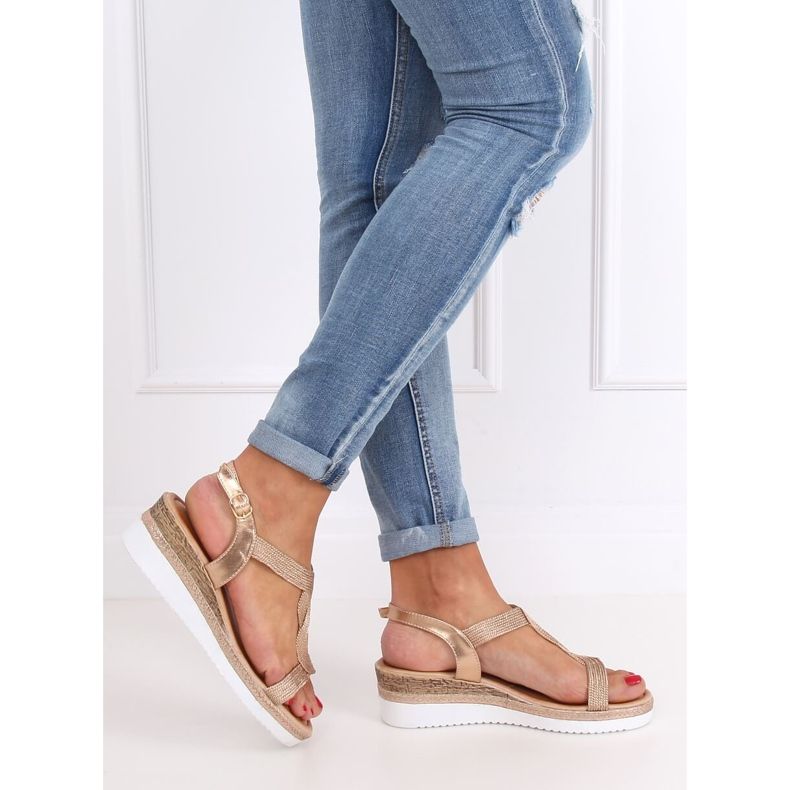 Sandałki na koturnie szampańskie L6629 Champagne różowe 2