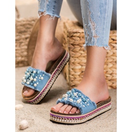 Small Swan Klapki Na Platformie Z Perłami niebieskie 2