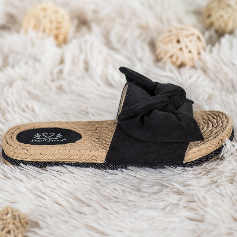 Small Swan Modne Klapki Z Kokardą czarne 1