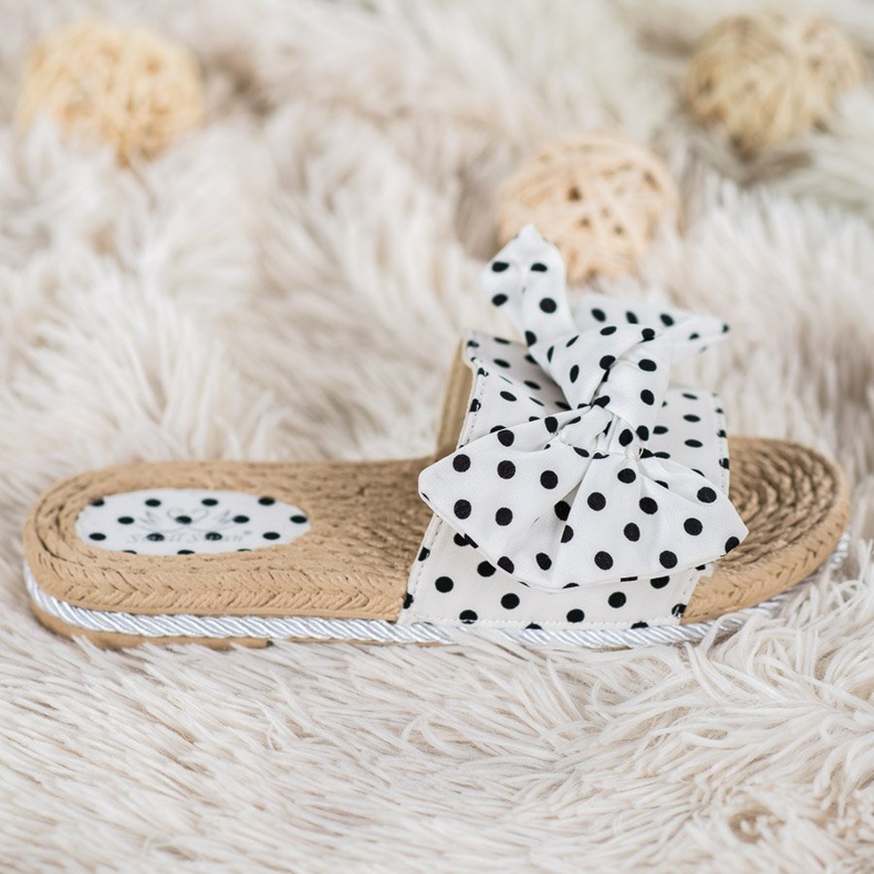 Small Swan Modne Klapki Z Kokardą białe 2