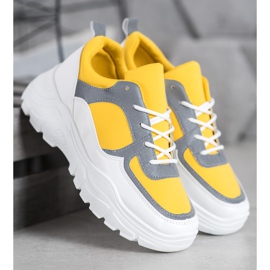 SHELOVET Modne Sznurowane Sneakersy białe żółte 1