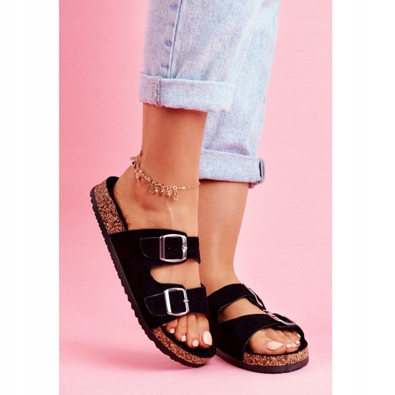 Damskie Klapki Na Korku Z Klamrami Czarne 1