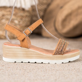 Renda Sandałki Na Koturnie Z Kryształkami brązowe 1