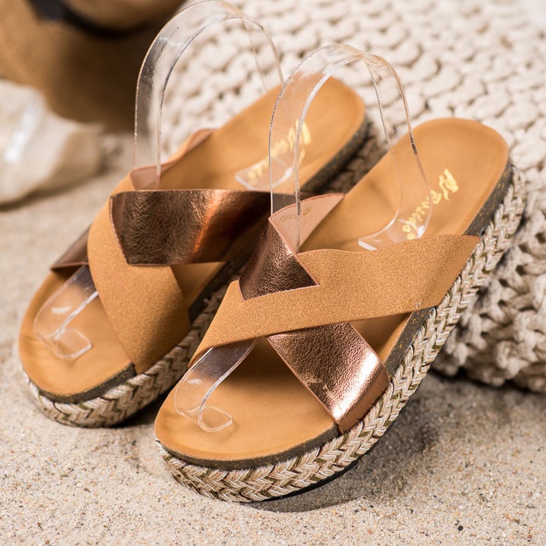 SHELOVET Klapki Na Platformie brązowe żółte 1