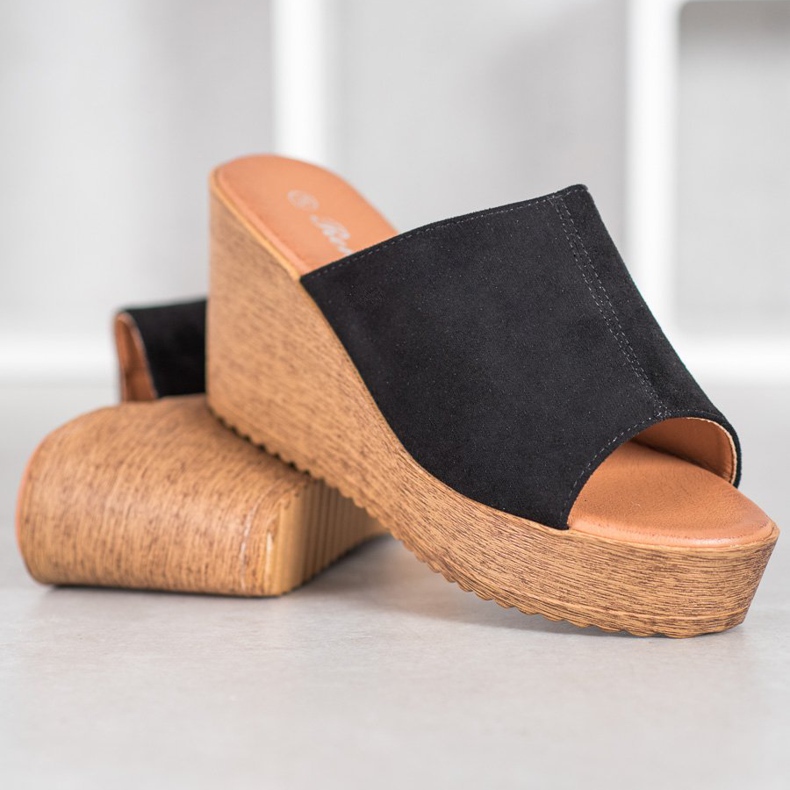 Renda Klapki Na Wysokiej Koturnie czarne 1