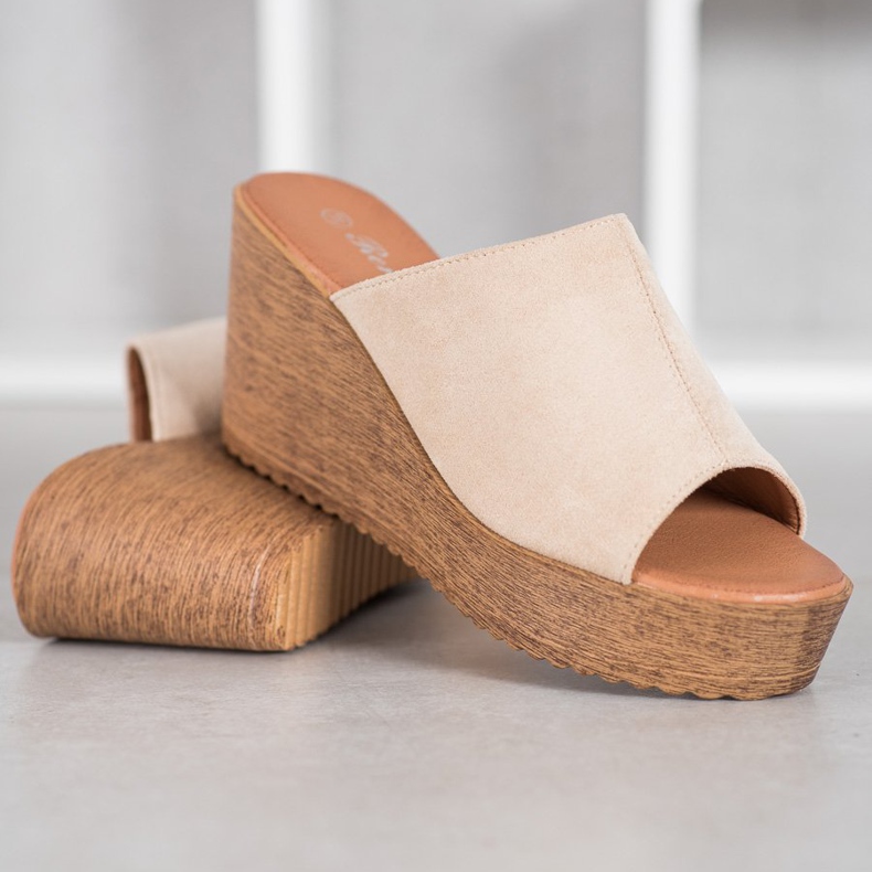 Renda Klapki Na Wysokiej Koturnie brązowe 2