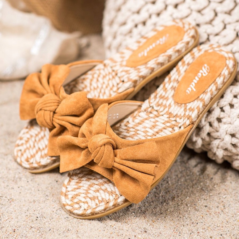 Renda Eleganckie Klapki Z Kokardą brązowe 1