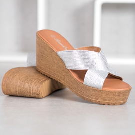 Renda Srebrne Klapki Na Koturnie szare 2