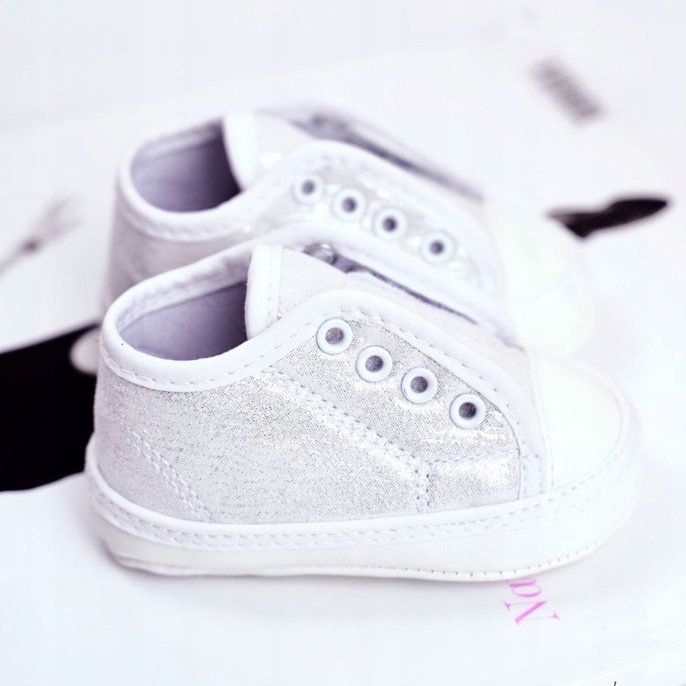 Apawwa Trampki Dziecięce na Rzepy Z Brokatem Chrzest Srebrne Milley białe 2