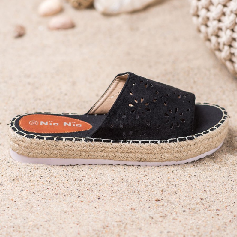 Nio Nio Klapki Na Słomkowej Platformie czarne 1