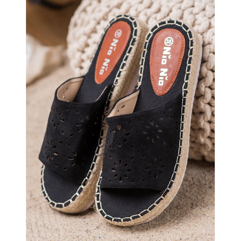 Nio Nio Klapki Na Słomkowej Platformie czarne 2