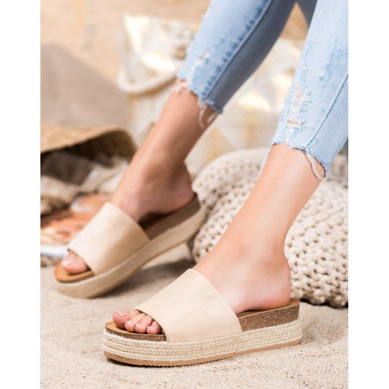 Renda Zamszowe Klapki Na Platformie brązowe 1