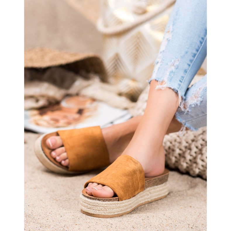 Renda Zamszowe Klapki Na Platformie brązowe 1