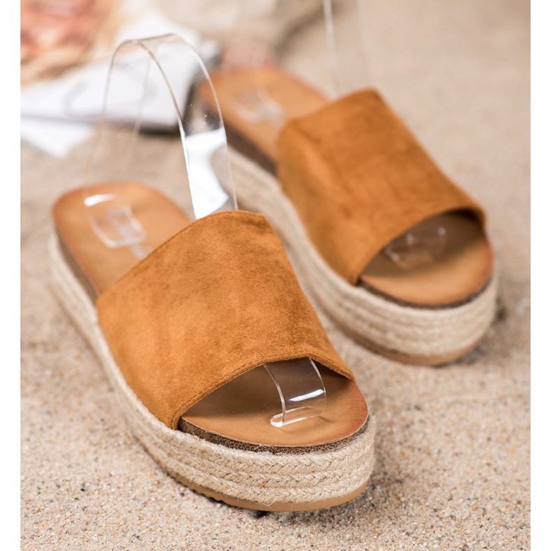 Renda Zamszowe Klapki Na Platformie brązowe 2