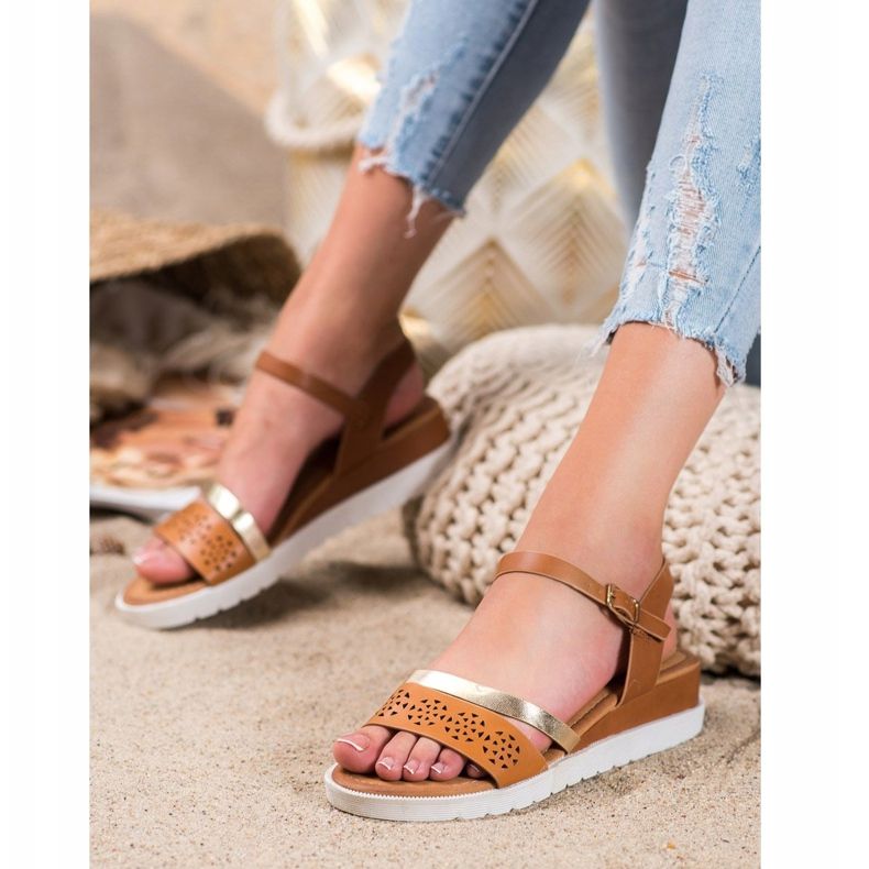 Renda Sandały Na Koturnie Z Eko Skóry brązowe 1