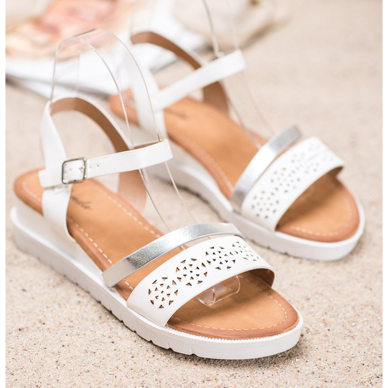 Renda Sandały Na Koturnie Z Eko Skóry białe 1