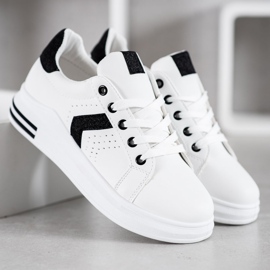 SHELOVET Sneakersy Z Brokatowymi Wstawkami białe czarne 4